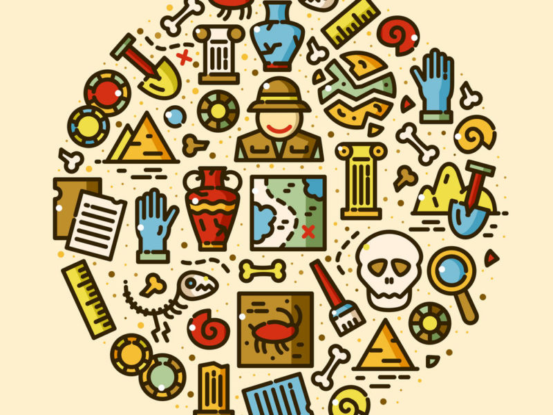 Archeology objects set, historical excavations line art vector illustration in round composition